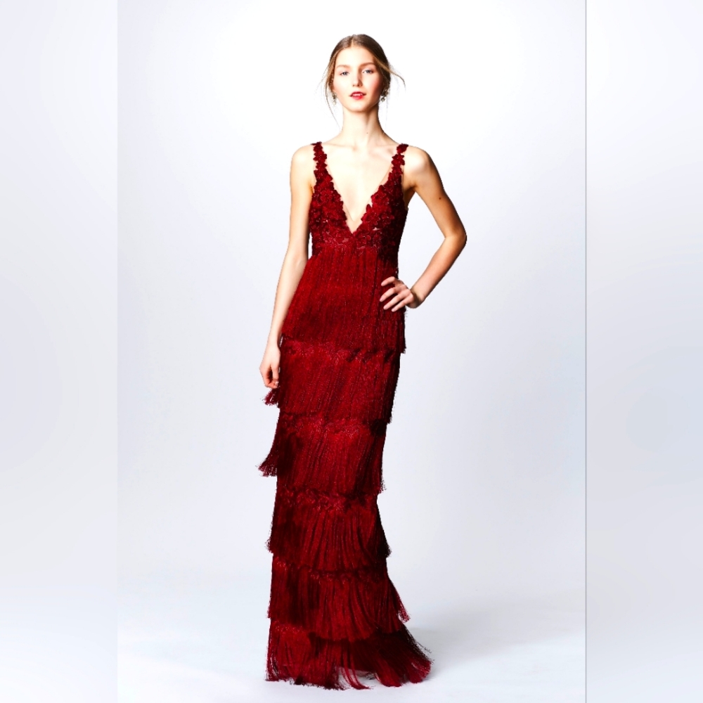 Marchesa Notte burgundy red fringe tulle gown NWT Size 4 flapper 20s